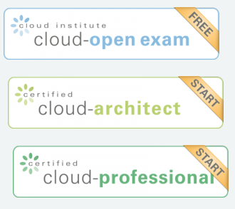 Três cards coloridos com o nome de três certificações oferecidas pelo Cloud Institute. Em azul, a certificação para a “Cloud-Open Exam”. Em verde claro, a certificação para “Cloud-Architect”. Por fim, em verde escuro, a certificação para “Cloud-Professional”.