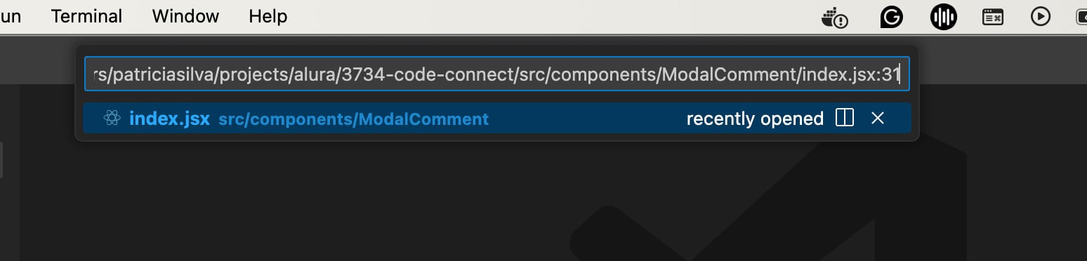 Paleta de comandos do VS code aberta com o caminho do componente modal coment.