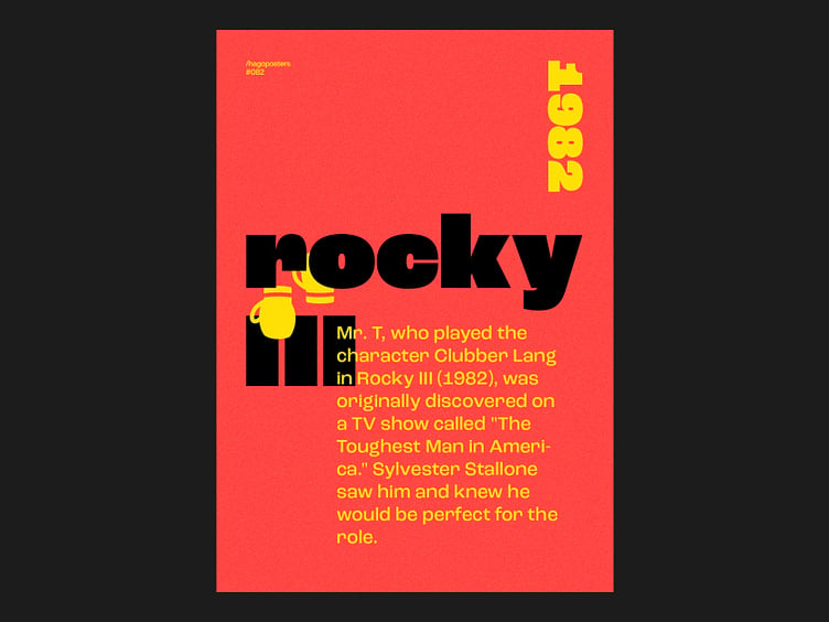 Imagem de um cartaz do filme Rocky 3. O fundo do cartaz está na cor vermelha, o título do filme da cor preta e as informações adicionais na cor amarela.
