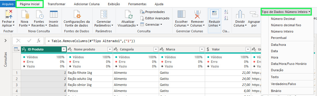 Captura de tela das opções de definição do tipo de dados no Power Query. As opções estão localizadas na guia Página Inicial, no grupo Transforma, no botão Tipo de dados. Tanto a guia quanto o botão estão destacados com um retângulo verde.