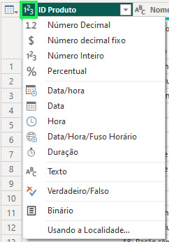 Captura de tela das opções de definição do tipo de dados no Power Query. As opções estão localizadas no menu da coluna, localizado à esquerda do nome da coluna. O botão do menu está destacado com um retângulo verde.