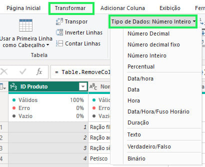 Captura de tela das opções de definição do tipo de dados no Power Query. As opções estão localizadas na guia Transformar, no grupo Qualquer Coluna, no botão Tipo de dados. Tanto a guia quanto o botão estão destacados com um retângulo verde.