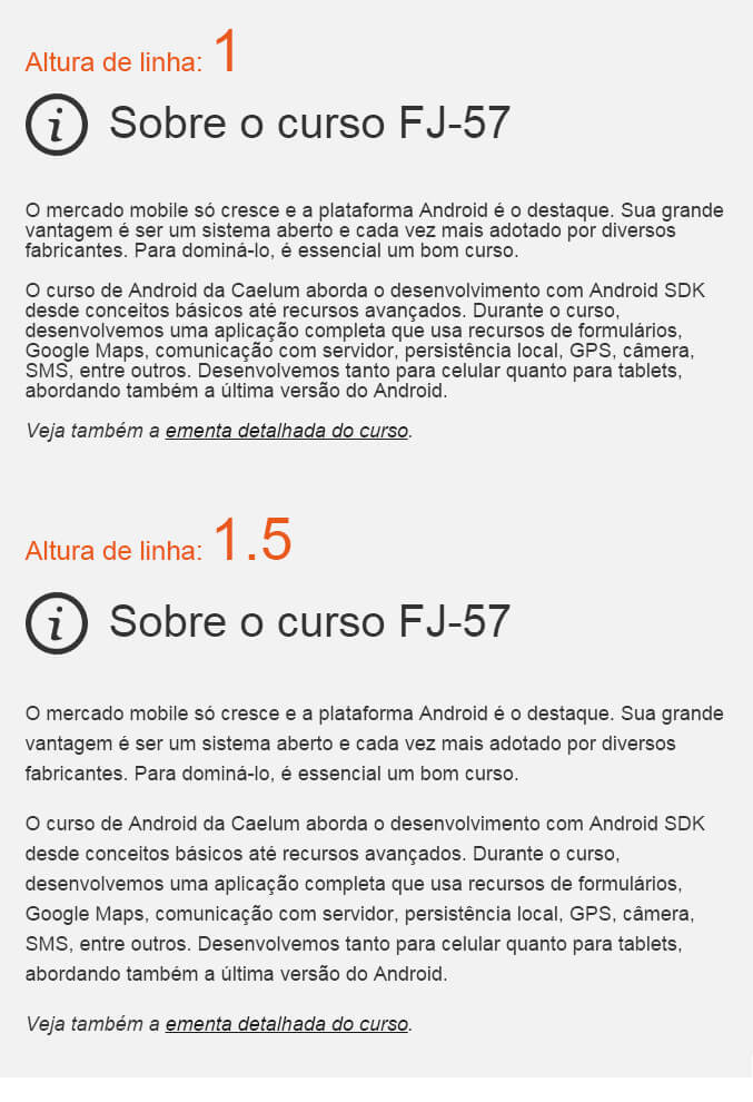 Altura de linha de 1 X altura de linha de 1.5 {w=80%}