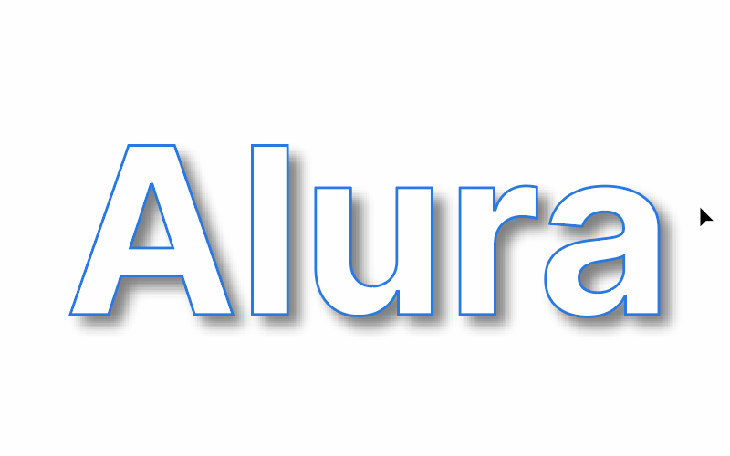 Gif animado que mostra a palavra Alura com os efeitos de traçado e sombra projetada aplicados, mas agora com eles se adaptando ao menor tamanho da palavra.