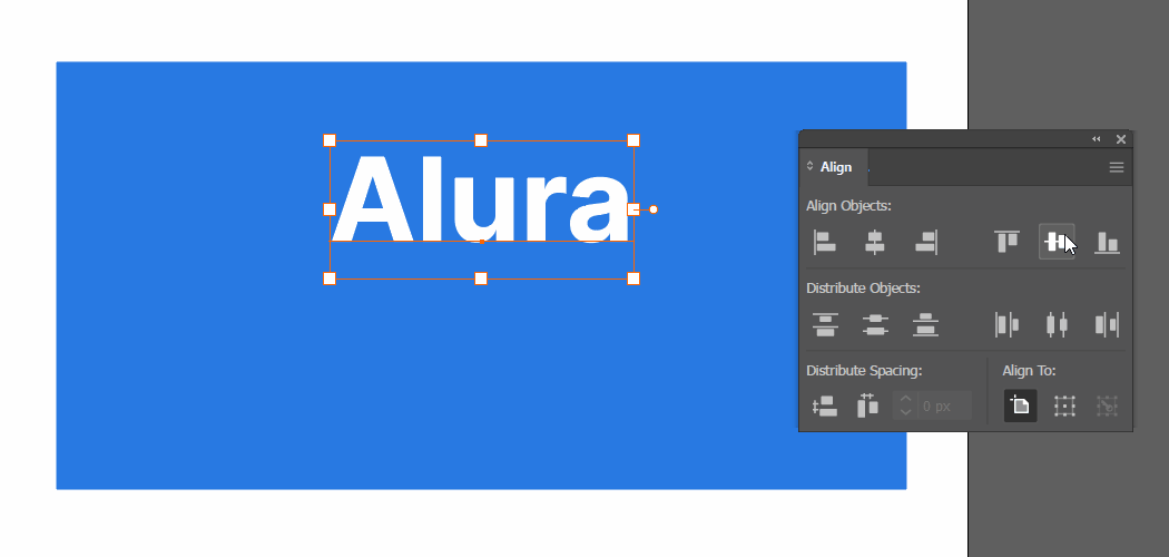 Gif animado que mostra a palavra Alura sendo alinhada centralizada verticalmente em relação a um retângulo azul atrás dela.