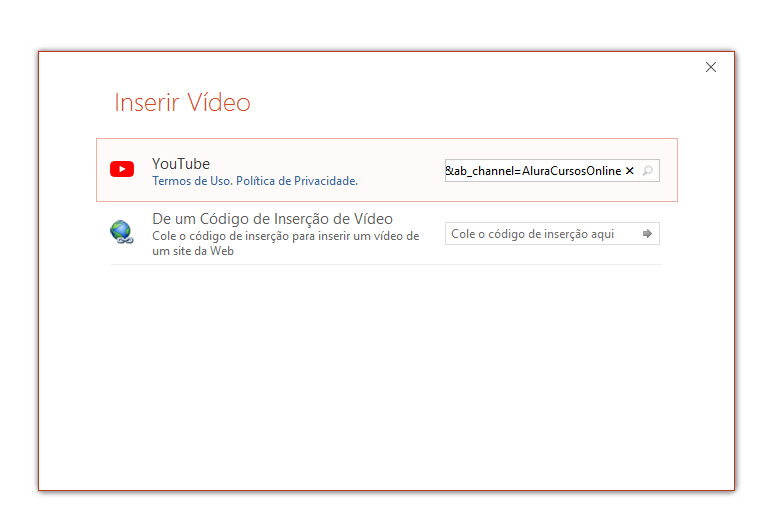 Interface do PowerPoint mostrando a janela “Inserir vídeo”.