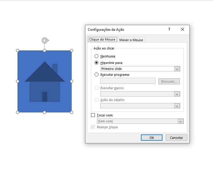 Ícone de uma casa e, ao lado, o menu de configurações de ação.