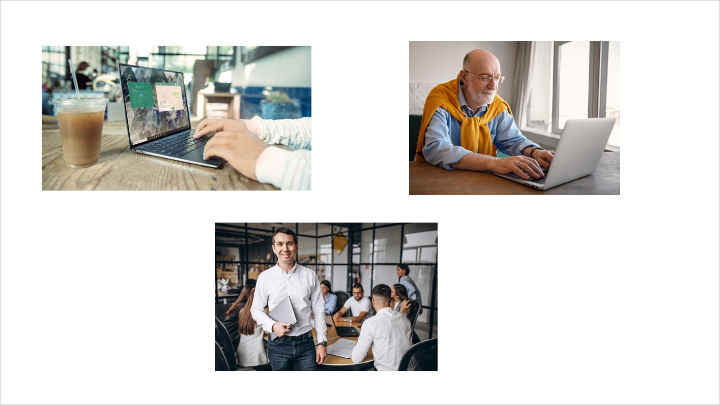 Há três imagens na apresentação do PowerPoint: a primeira mostra uma pessoa trabalhando em um computador em um café; a segunda mostra uma pessoa idosa em frente ao computador; a terceira mostra um homem jovem segurando um notebook.