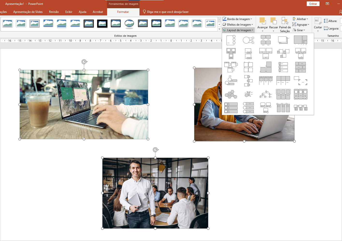 Interface do Powerpoint com as três imagens de diferentes tamanhos.