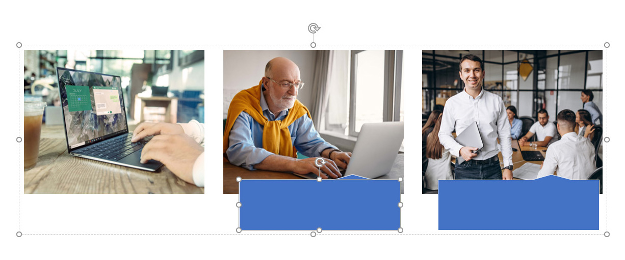 Interface do Powerpoint com três imagens com tamanhos iguais e com as caixas de sendo desfeitas.