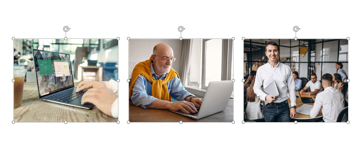 Interface do Powerpoint com as três imagens com tamanhos iguais.