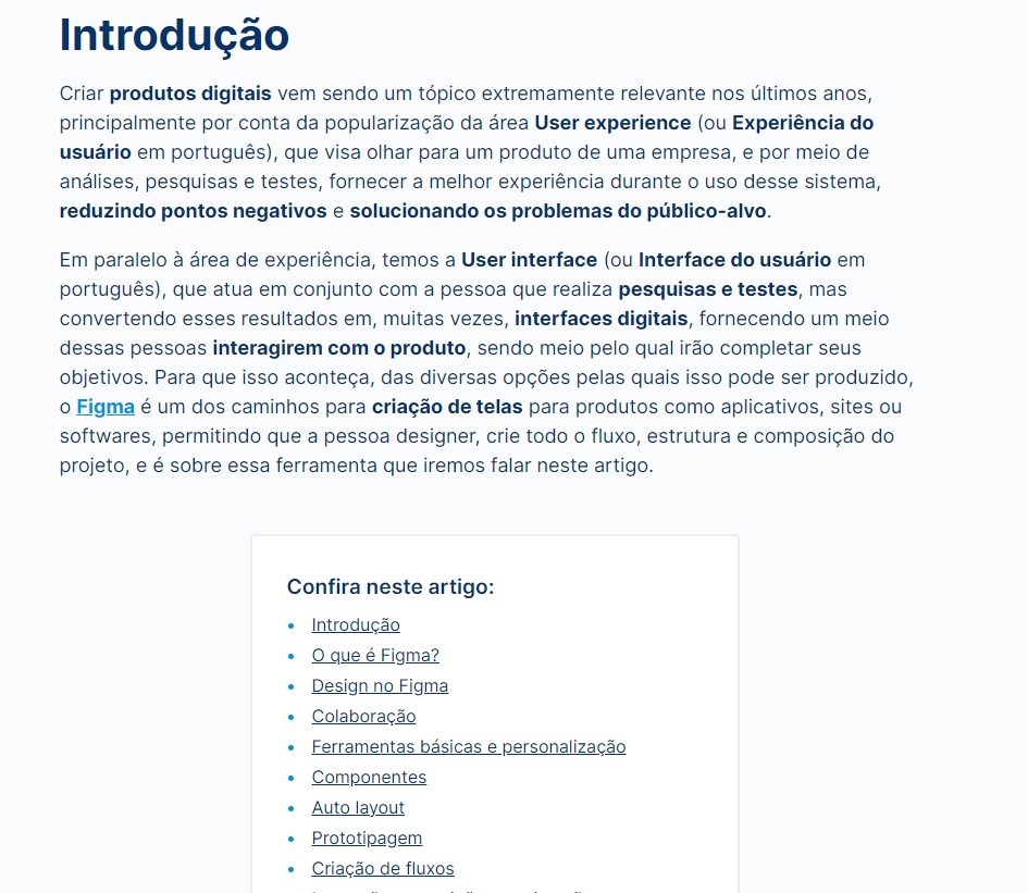 Página do artigo “Figma: o que é a ferramenta, Design e uso”, mostrando o texto de Introdução. Na imagem, é possível visualizar apenas o conteúdo do artigo, sem quaisquer outras distrações.