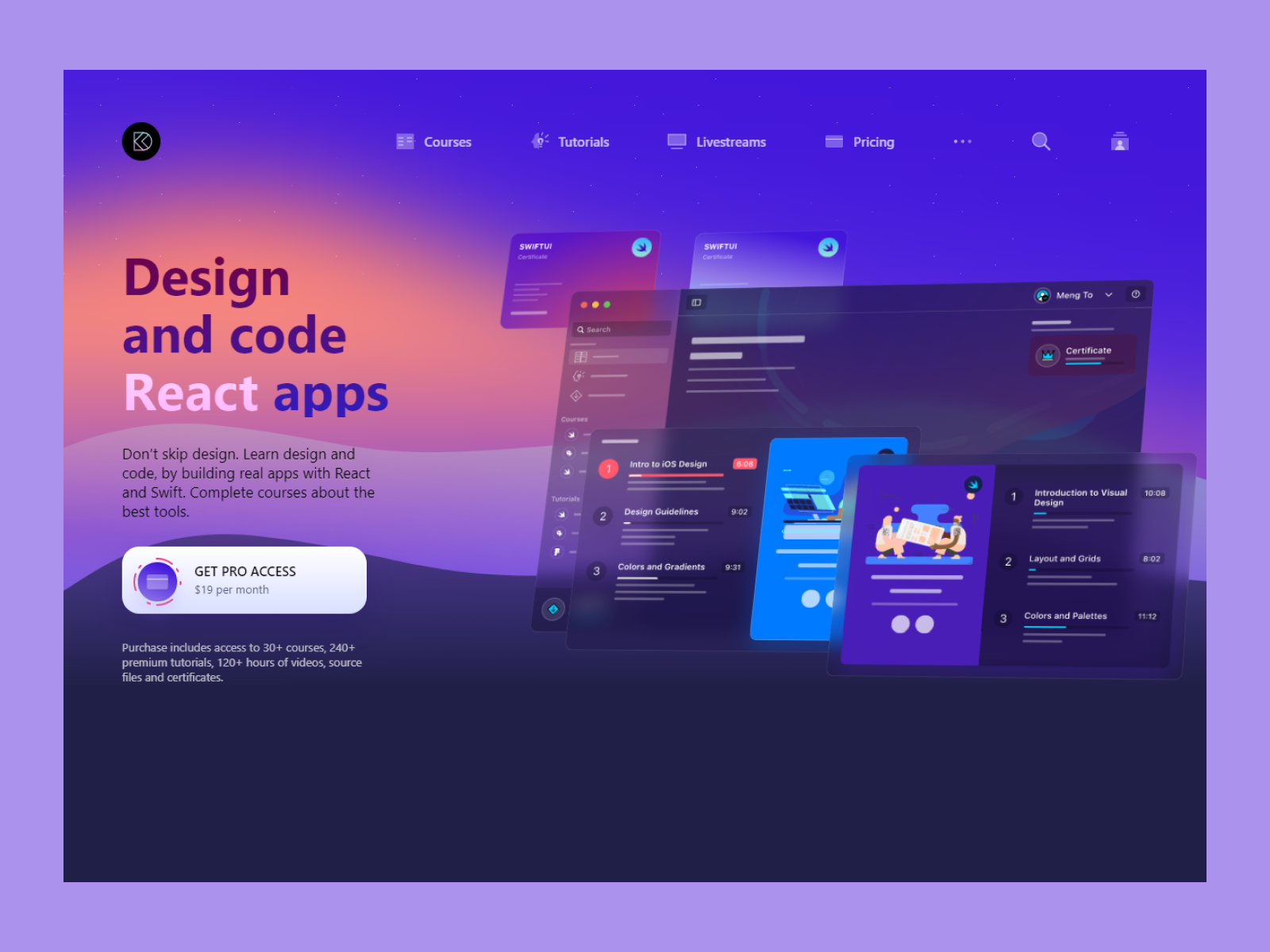 Página inicial da Design+Code, que mostra textos e imagens de fundo em cores gradientes.