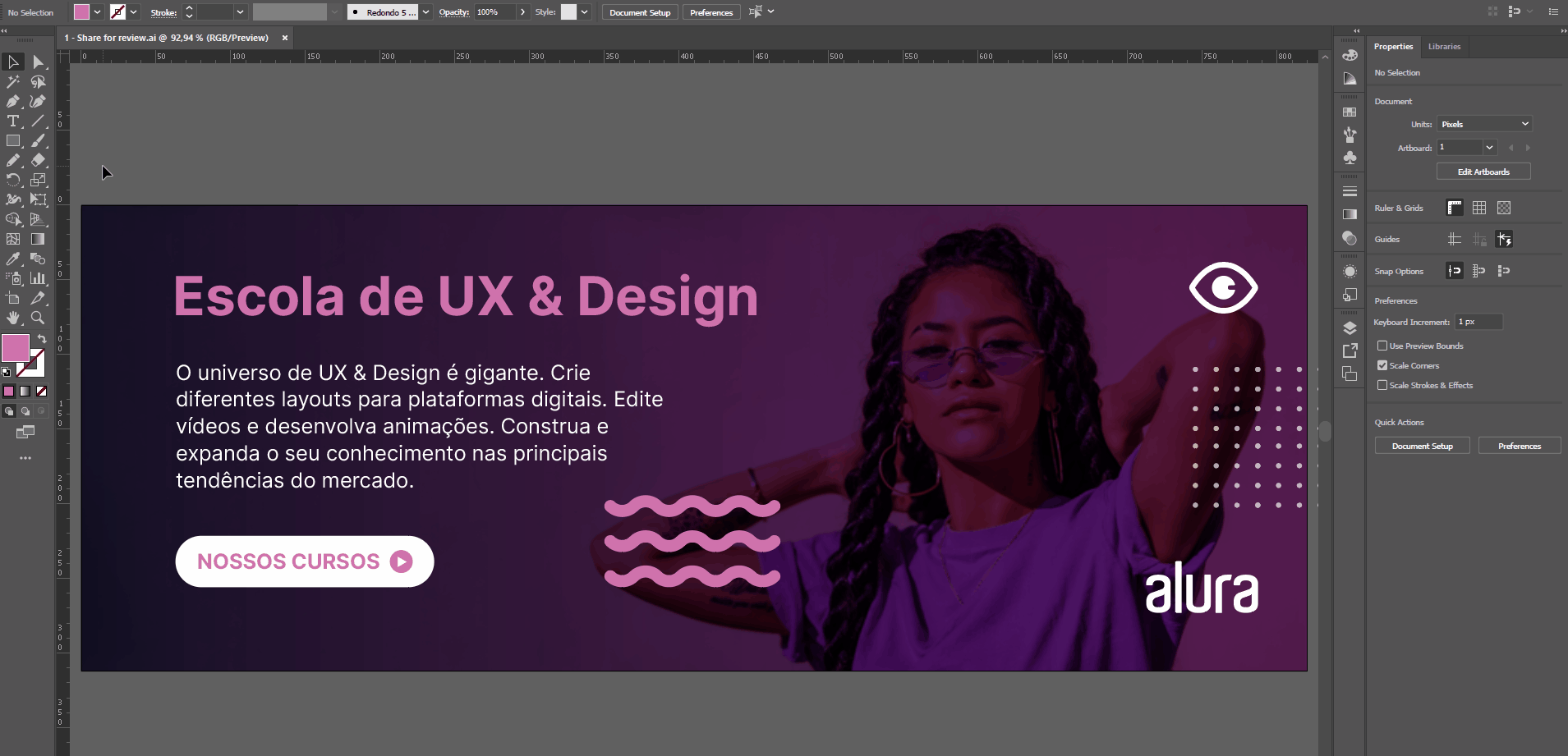 Gif de todo o conteúdo de um documento do Illustrator para o InDesign. São importados: uma imagem de fundo, grafismos, uma linha de texto onde se lê Escola de UX & Design e um parágrafo.