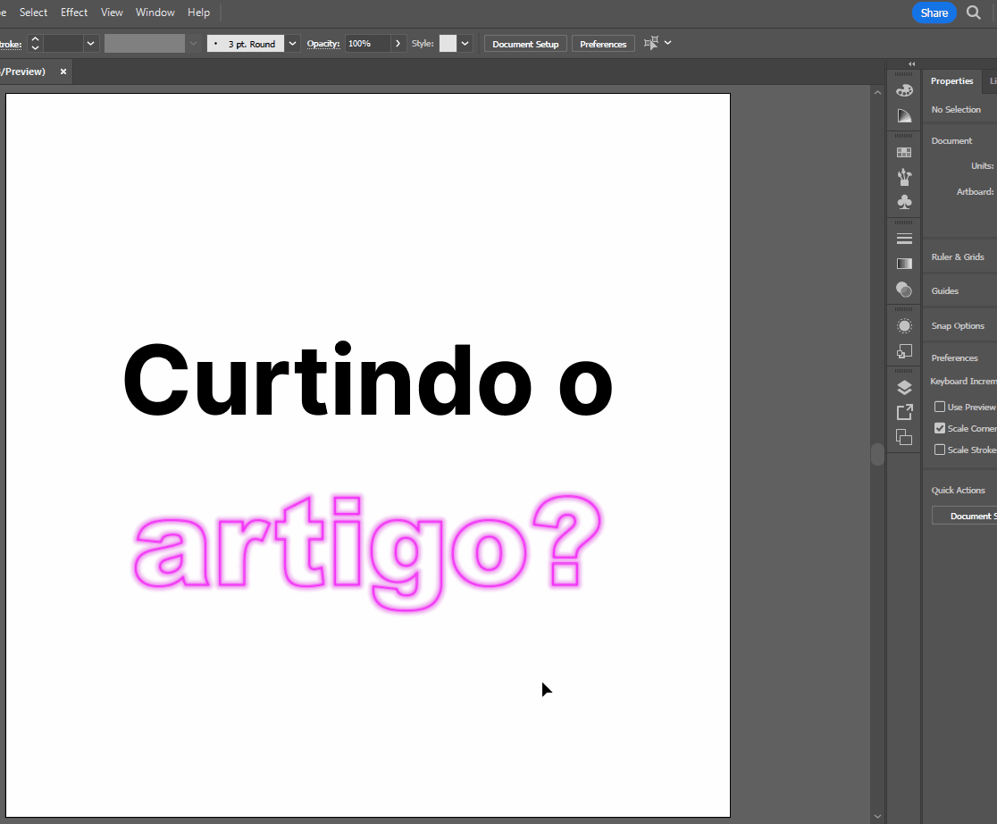 Gif mostrando o trecho “artigo?” já com efeito de neon aplicado sendo selecionado. Na sequência é aberto o painel Appearence, por meio do caminho Window, Appearence.