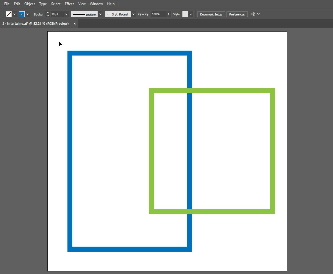 Gif de dois quadriláteros, um de traçado azul e outro de traçado verde, sendo selecionados. Depois de selecionados é acessada, por meio do menu Object, a opção Intertwine e a ação Make.