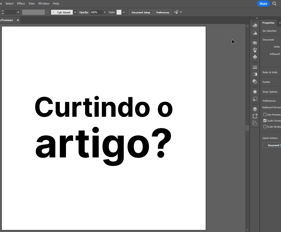 Gif de onde se lê o texto Curtindo o artigo? em uma prancheta. É efetuado um clique sobre o ícone da lupa de pesquisa no canto superior direito da interface do Illustrator. Após efetuado o clique, é aberta uma nova janela chamada Discover. Nela, há diversas opções de efeitos automáticos. É selecionado o efeito Neon glow text e depois selecionado trecho do texto “artigo?”. Na sequência, na mesma janela Discover é habilitado o efeito por meio do clique no botão Apply.
