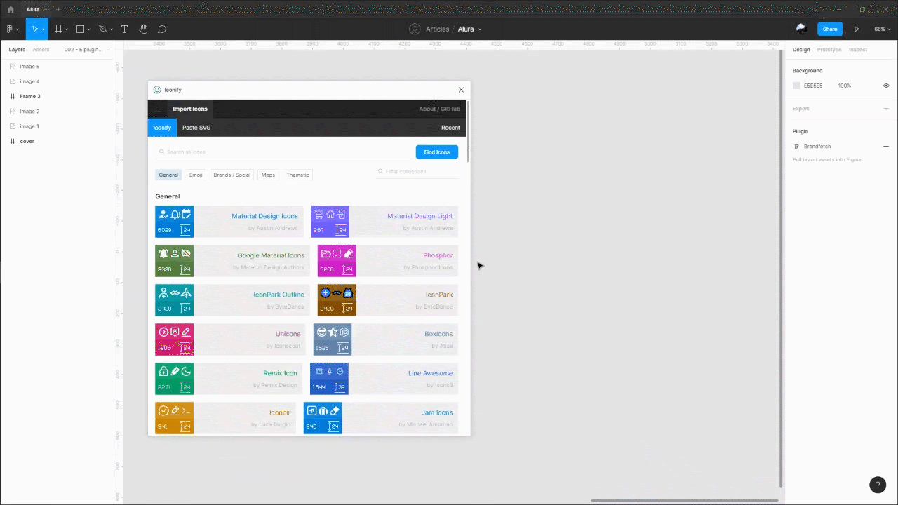 Interfaces do plugin Iconify, mostrando categorias e ícones. 