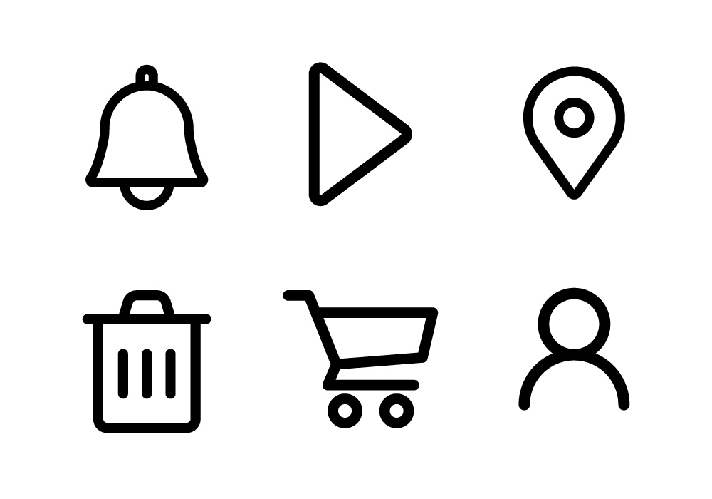 A imagem apresenta seis tipos de ícones: sino, botão de play, pin localizador de mapa, lata de lixo, carrinho de supermercado e uma pessoa.