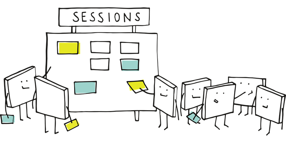 Ilustração de vários blocos de notas, colando post-its em um quadro, exemplificando uma sessão de brainstorming.