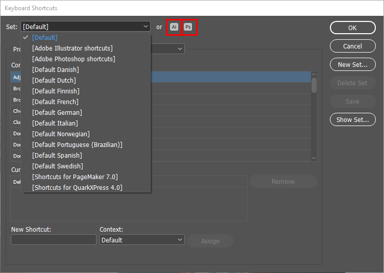 Imagem que mostra o menu de importação de atalhos, como IIlustrator, Photoshop  e outras línguas.