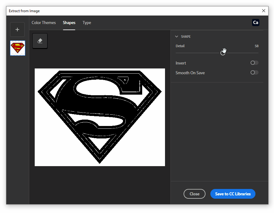 Gif que mostra o logo do superman sendo controlada com a ferramenta “Detail” e também extraída sua parte inferior, com a função “borracha”.