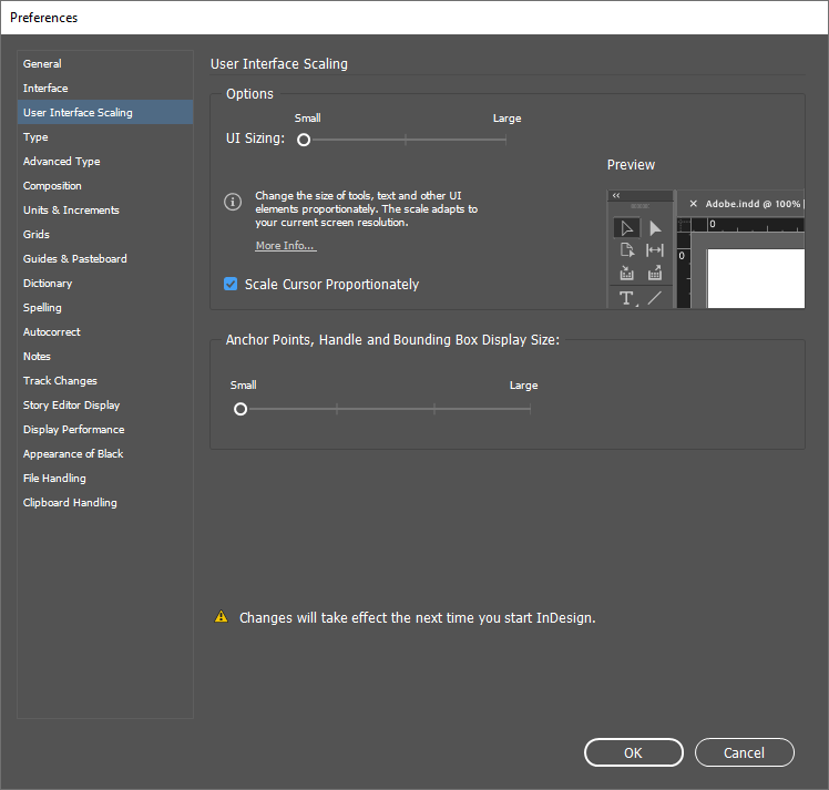 Imagem que mostra o menu de Preferences do InDesign e, no canto esquerdo, o item “user interface scaling.