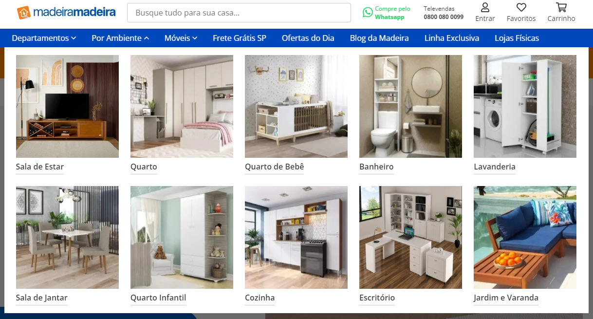 PrintScreen do Site “Madeira Madeira” apresentando móveis por departamentos como sala de estar, quarto, quarto de bebê, banheiro, lavanderia, sala de jantar, quarto infantil, cozinha, escritório e jardim e varanda.
