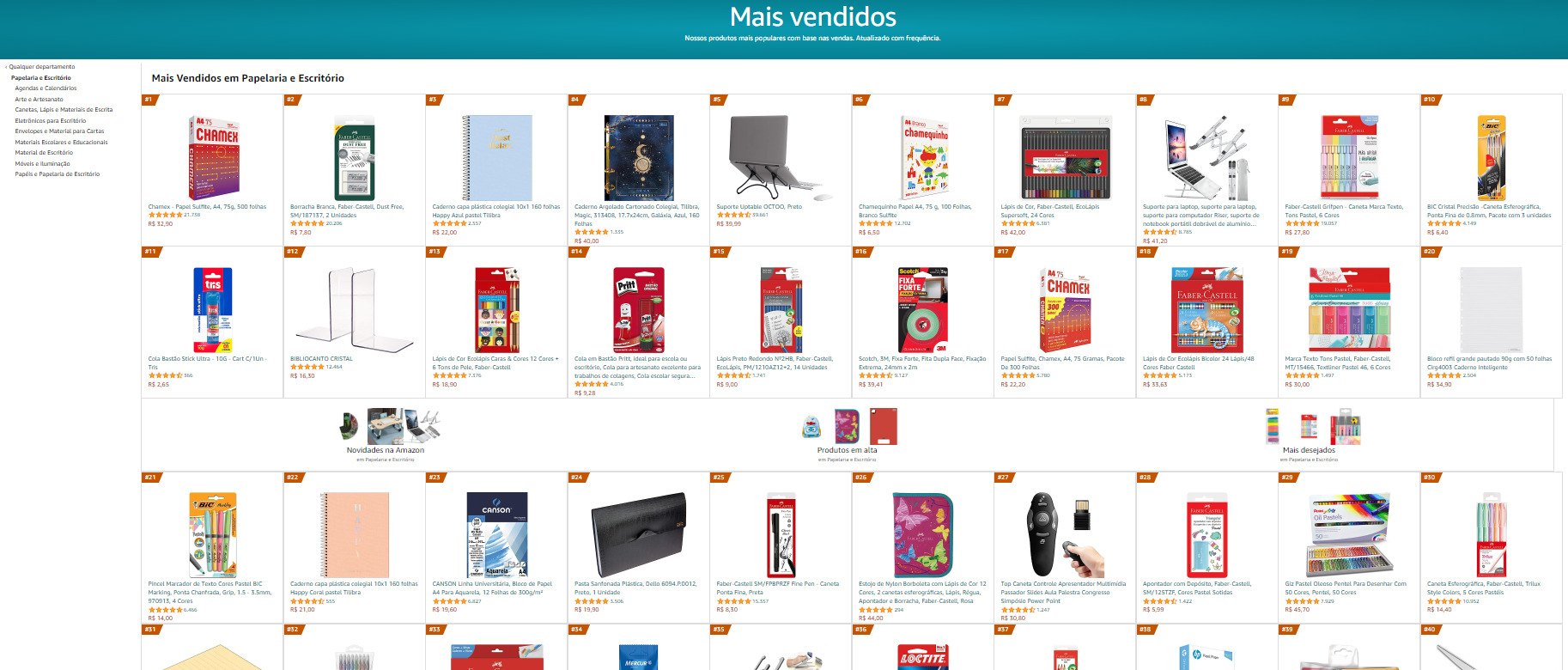 PrintScreen do Site “Amazon” apresentando produtos mais vendidos em papelaria e escritório.