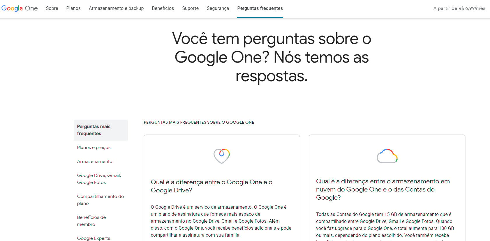 PrintScreen do Site “Google One” apresentando perguntas mais frequentes.