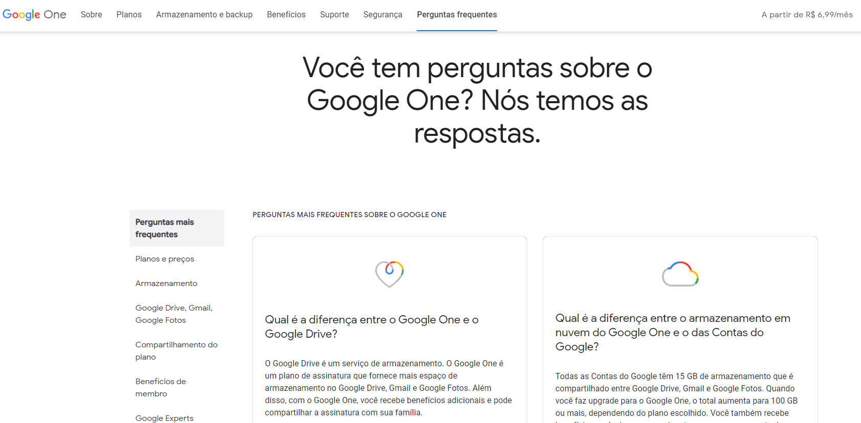 PrintScreen do Site “Google One” apresentando perguntas mais frequentes.