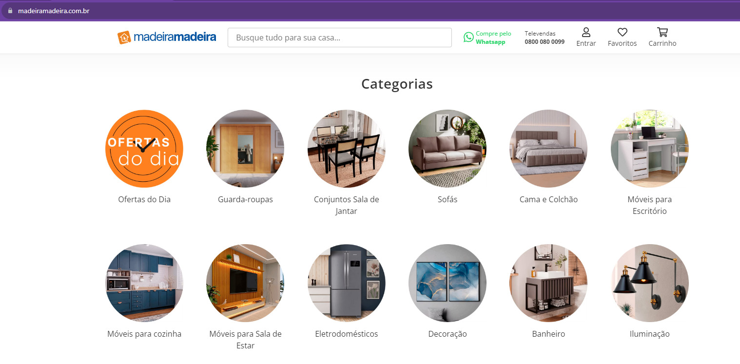 PrintScreen do Site “Madeira Madeira” apresentando categorias diversas com imagens relacionadas a tais categorias, como guarda-roupas, conjuntos sala de jantar, sofás, cama e colchão, móveis para escritório, móveis para cozinha, móveis para sala de estar, eletrodomésticos, decoração, banheiro e iluminação.