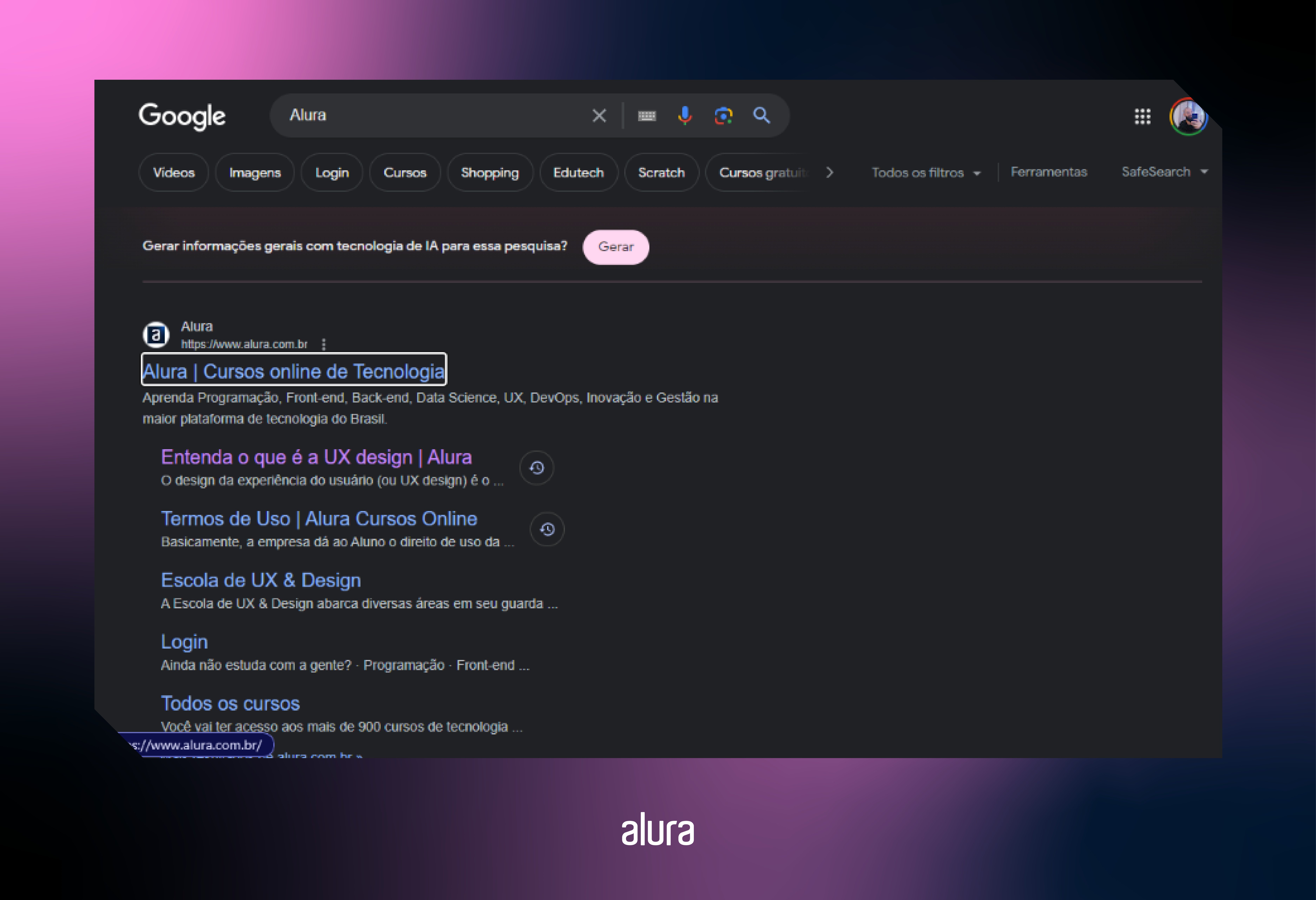 Página de busca do Google, em que a busca foi feita pela palavra “Alura”. Nos resultados, é apresentado o site da Alura, em que o foco está no link da página inicial.