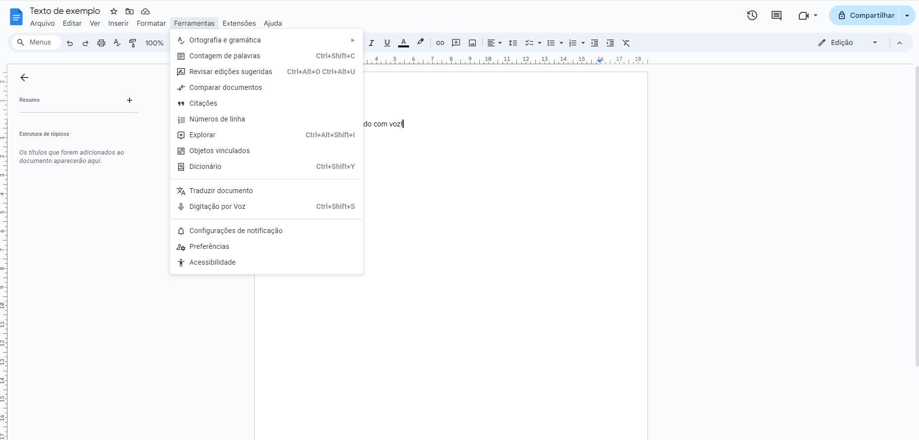 Imagem que mostra um print da interface do Google Docs, editor de textos online da Google. Em destaque, o menu “ferramentas” está selecionado. Em destaque está a opção “digitação por voz”.
