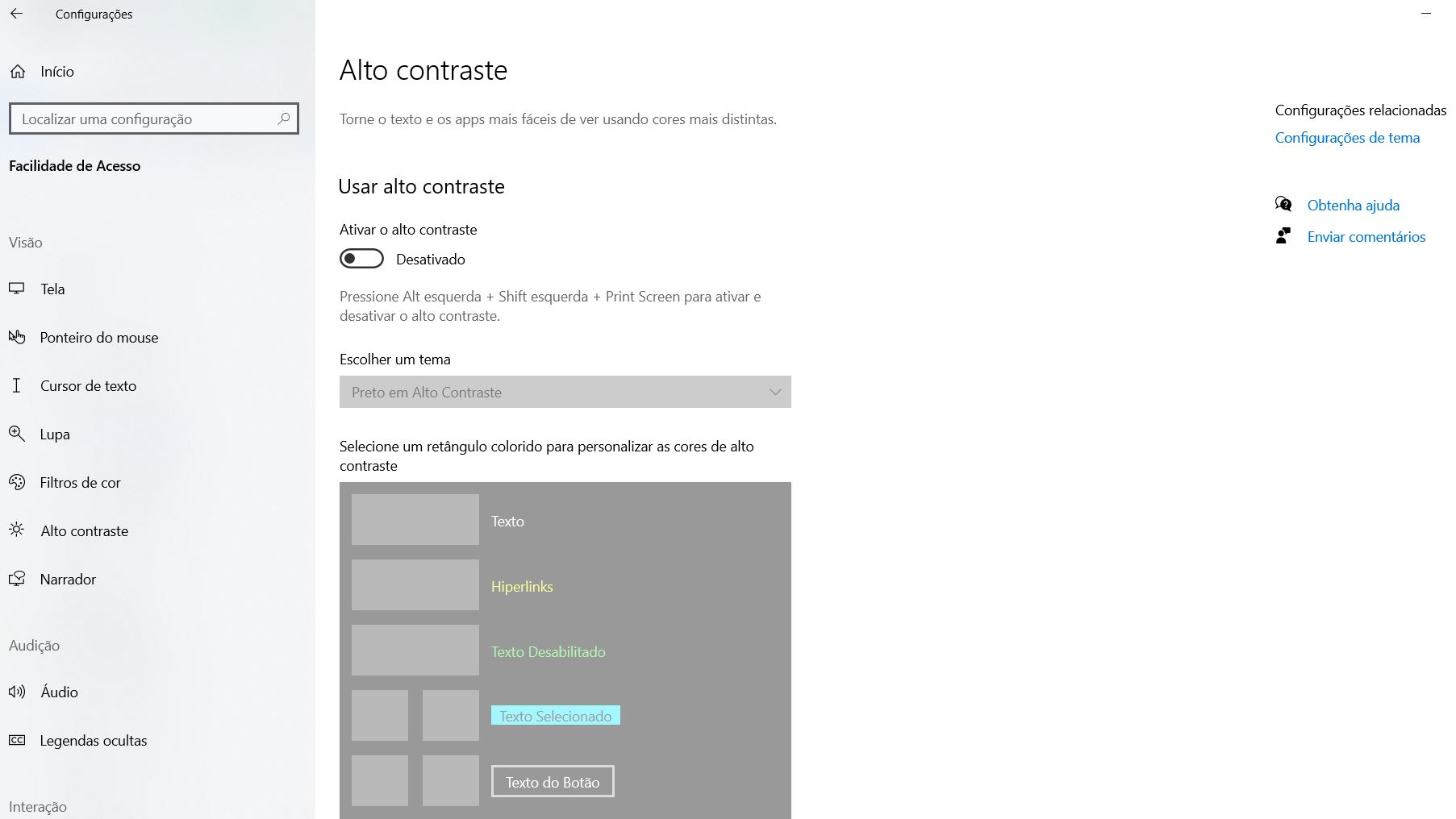 Imagem que mostra um print das configurações de alto contraste do sistema operacional Windows.