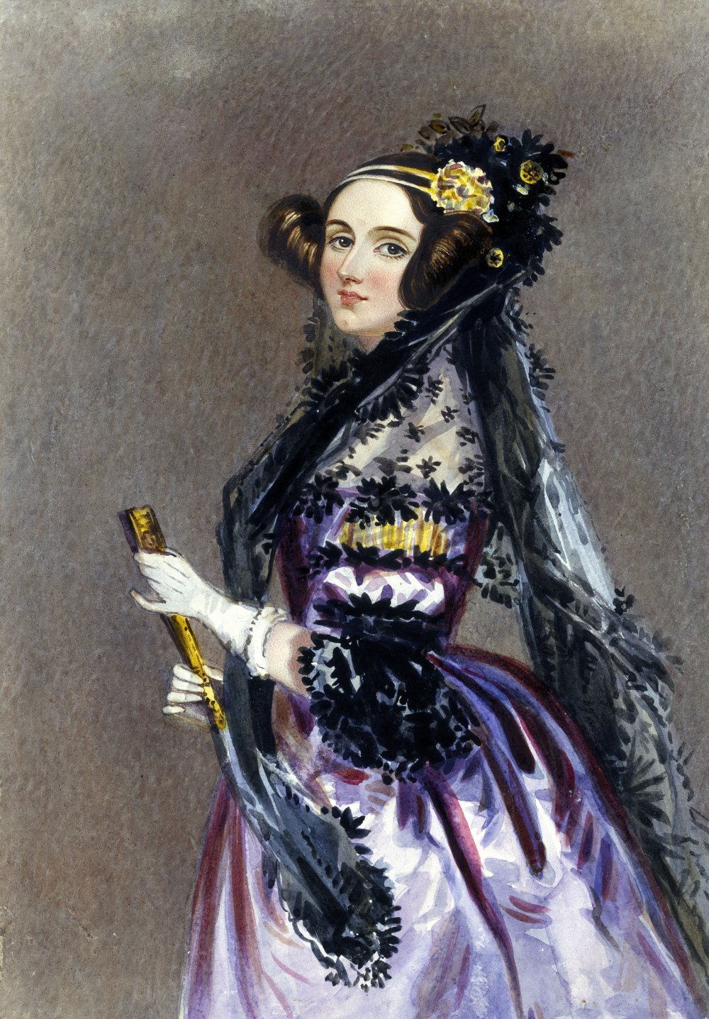 A imagem mostra um famoso retrato de Ada, condessa de Lovelace, 1840. Ela está elegantemente vestida em um vestido de noite com mantilha e leque, aos 25 anos de idade. Retirado do Science Museum Group Collection.