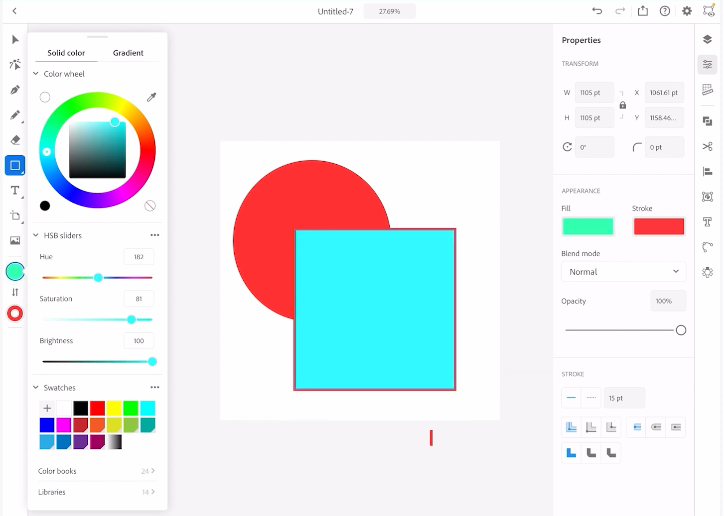 Interface do app Illustrator. Há dois vetores no centro da imagem: um círculo e um quadrado. Nas laterais esquerda e direita, há os menus de edição, que mostram tanto edição de cores quanto de tamanho, opacidade e aparência dos vetores.