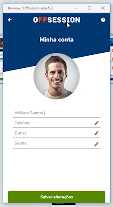 Print da interface do app Adobe XD. Nela, há uma tela inicial, com a foto de um homem, escrito “Minha conta” e com dados para preenchimento, como Nome, Telefone, E-mail.
