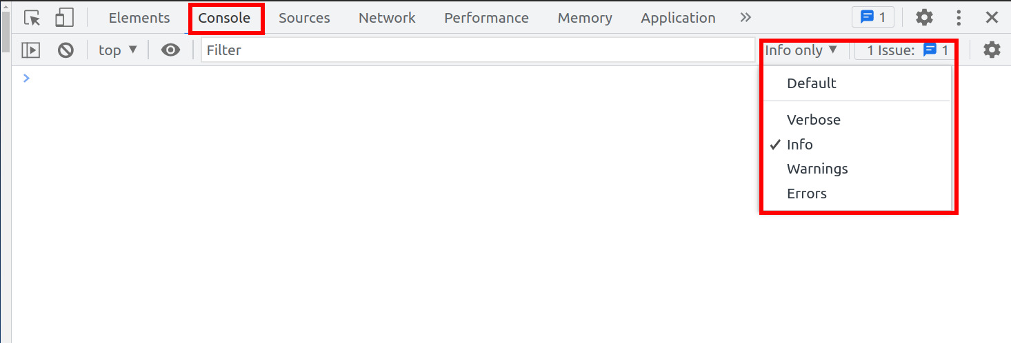 Imagem de um print de tela que mostra o DevTools do navegador Google Chrome. A aba acessada é a aba de console do menu principal, com destaque em vermelho. Existe ainda mais um destaque na aba de filtros, à direita, na parte superior da tela, que mostra que a única opção que deve ser marcada é a opção de "Info".