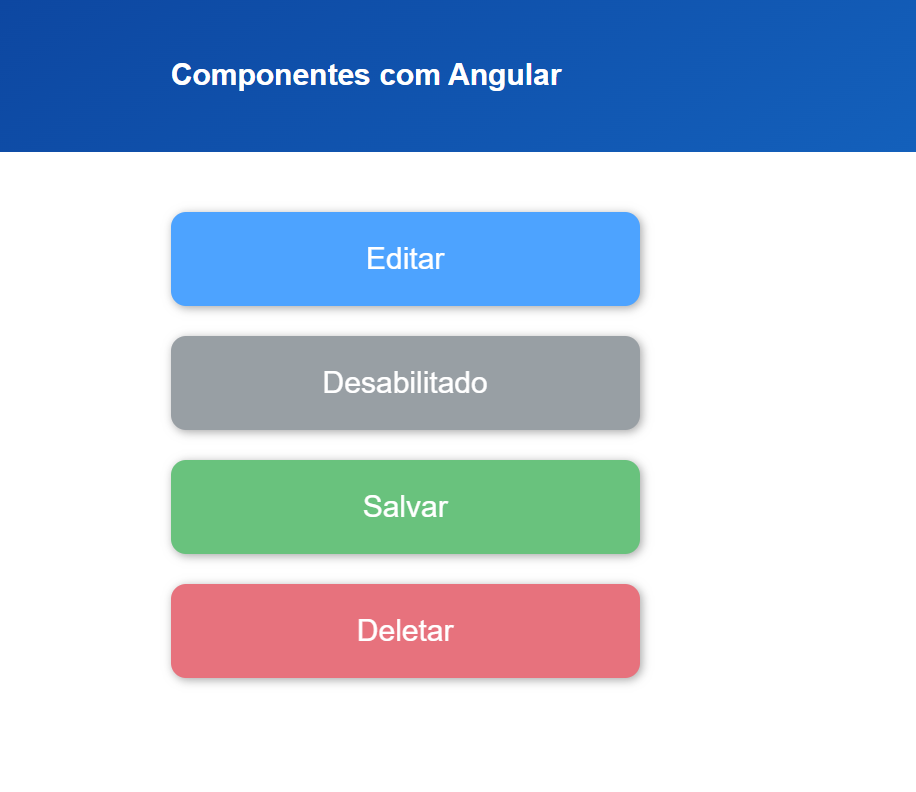 Aplicação em Angular de cores azul e branca, no cabeçalho está escrito Componentes com Angular e no corpo da aplicação existem 4 botões de cores diferentes na posição vertical, o primeiro está é azul e está escrito Editar, o segundo é cinza e está escrito Desabilitar, o terceiro é verde e está escrito Salvar e o quarto é vermelho e está escrito Deletar.