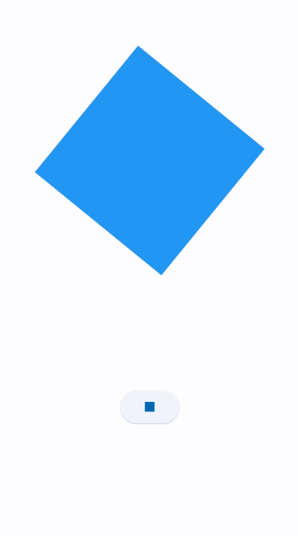 GIF colorido. No centro da tela do celular, um quadrado na cor azul que rotaciona no eixo do centro, no sentido horário. Abaixo dele, um botão que ao ser pressionado interrompe a rotação, e ao ser pressionado novamente retoma a rotação.