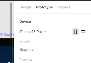 Tela que mostra um zoom no Figma, detalhando a aba do lado direito superior, que mostra a funcionalidade “prototype”.