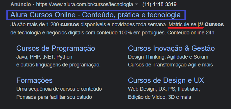 Print de tela mostrando o anúncio de cursos da Alura com o título destacado e a chamada para ação da descrição "Matricule-se já" grifada em vermelho.