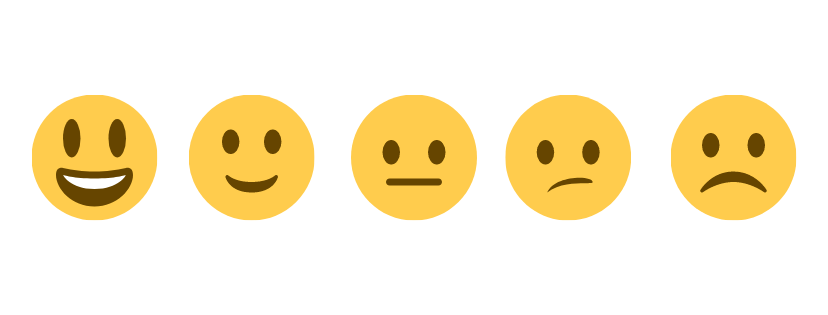 Cinco emojis diferentes em um fundo branco. O primeiro é um emoji sorridente; o segundo, ligeiramente sorridente; o terceiro, neutro; o quarto, confuso; e o quinto triste.