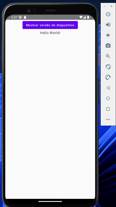 Esta é uma animação de tela de smartphone com um fundo branco e um cabeçalho roxo. O cabeçalho diz “Mostrar versão do dispositivo”. Abaixo do cabeçalho, em texto preto, está escrito “Hello World!”. O telefone é um smartphone moderno com uma moldura preta e um fundo azul. O telefone está em modo retrato.