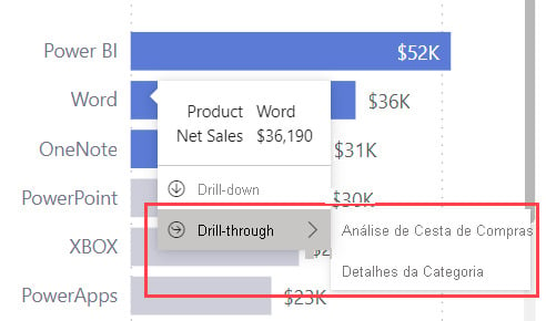 print de tela da dica de ferramenta do power bi, mostrando opções de  dril-down.