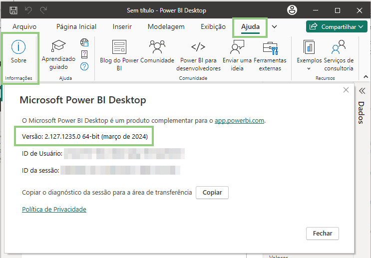 Print da tela do Power BI Desktop com guia “Ajuda” selecionada e a opção “Sobre” marcada.
