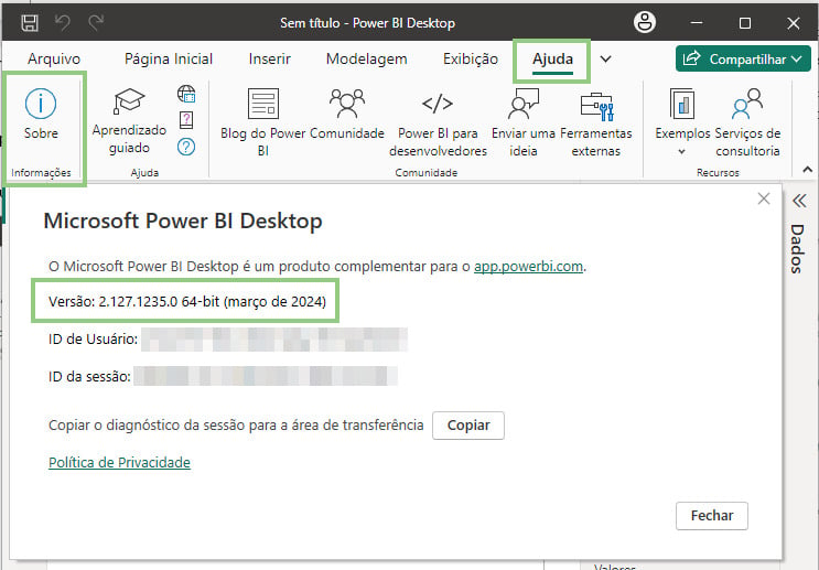 Print da tela do Power BI Desktop com guia “Ajuda” selecionada e a opção “Sobre” marcada.