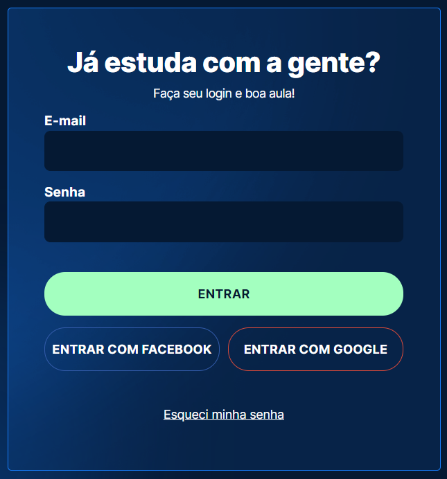 Formulário de autenticação do site da Alura com dois campos: e-mail e senha e três botões: entrar, entrar com o facebook e entrar com google.