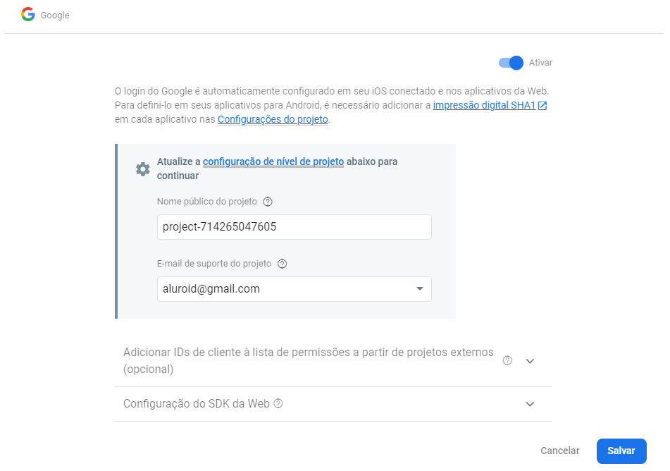 página de habilitação do google no console do firebase